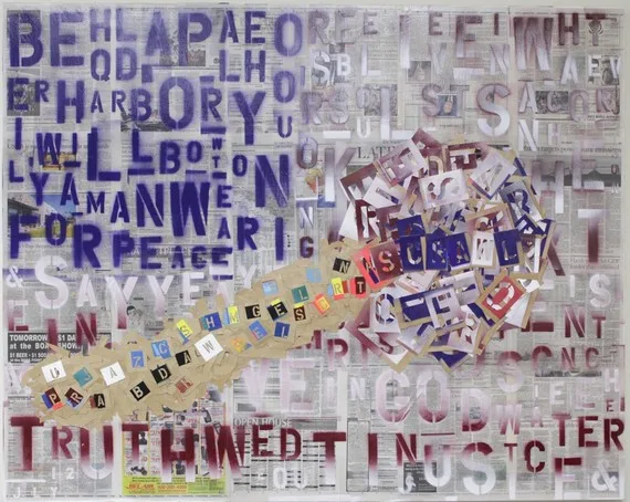 Ý NGHĨA NỘI TẠI CỦA THỂ THƠ Scrawl, 2014, Acrylic, newspaper and stencil casings on canvas, 48 x 60 in. Image courtesy Waterhouse & Dodd. Bernie Taupin’s Painted Words