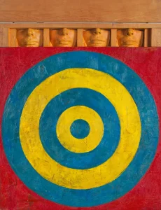 Mục tiêu có bốn khuôn mặt , 1955. Ảnh: © 2021 Jasper Johns / Được cấp phép bởi VAGA tại Artists Rights Society (ARS), NY. Ảnh của Jamie Stukenberg, Đồ họa chuyên nghiệp, Rockford, Illinois